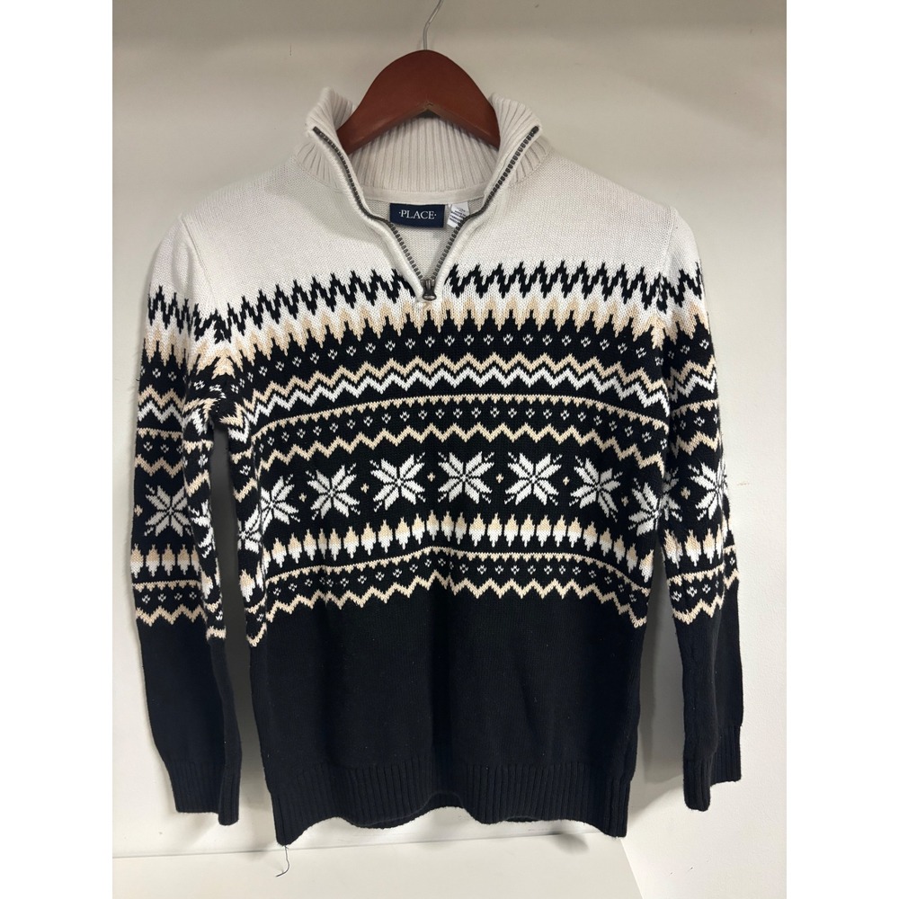 The Childrens Place Boys Fair Isle Quarter Zip Sweater Black White Tan XL 14